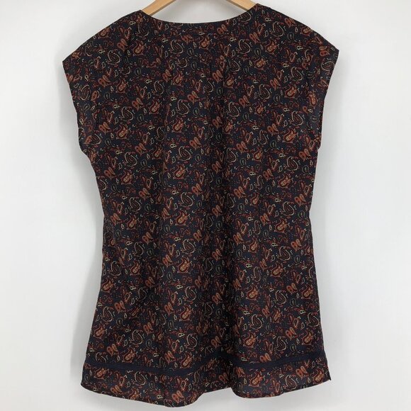 Eddie Bauer Navy burgundy Paisley cap sleeve button front lace cutout blouse Med - Picture 2 of 15